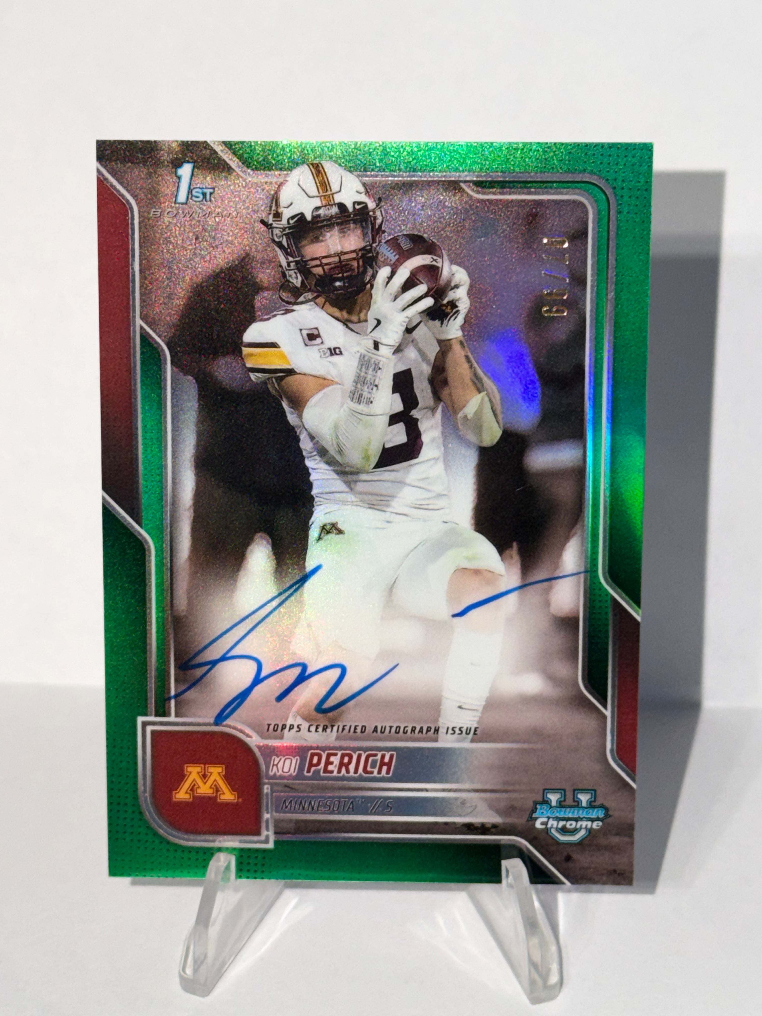 2025 Topps Bowman University Chrome Football Koi Perich 1st Bowman Green On-Card Autograph /99